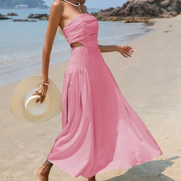 Pink Boho Womens Cut Out Waist Ruched Tube Dress - Picture 4 of 5